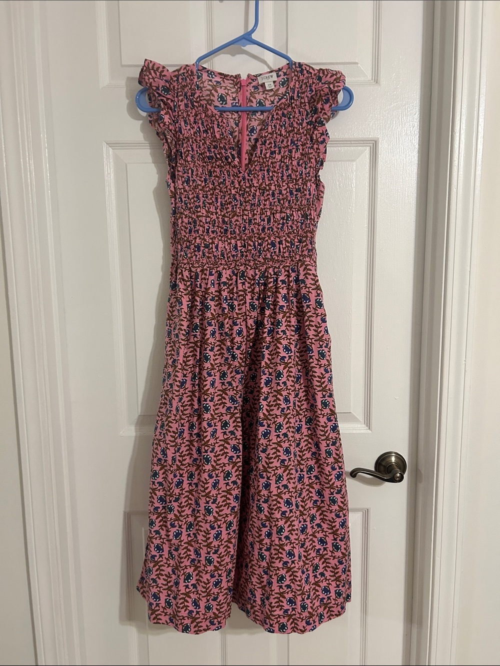 J. Crew Pink Floral Smocked Midi Dress with Navy Accents